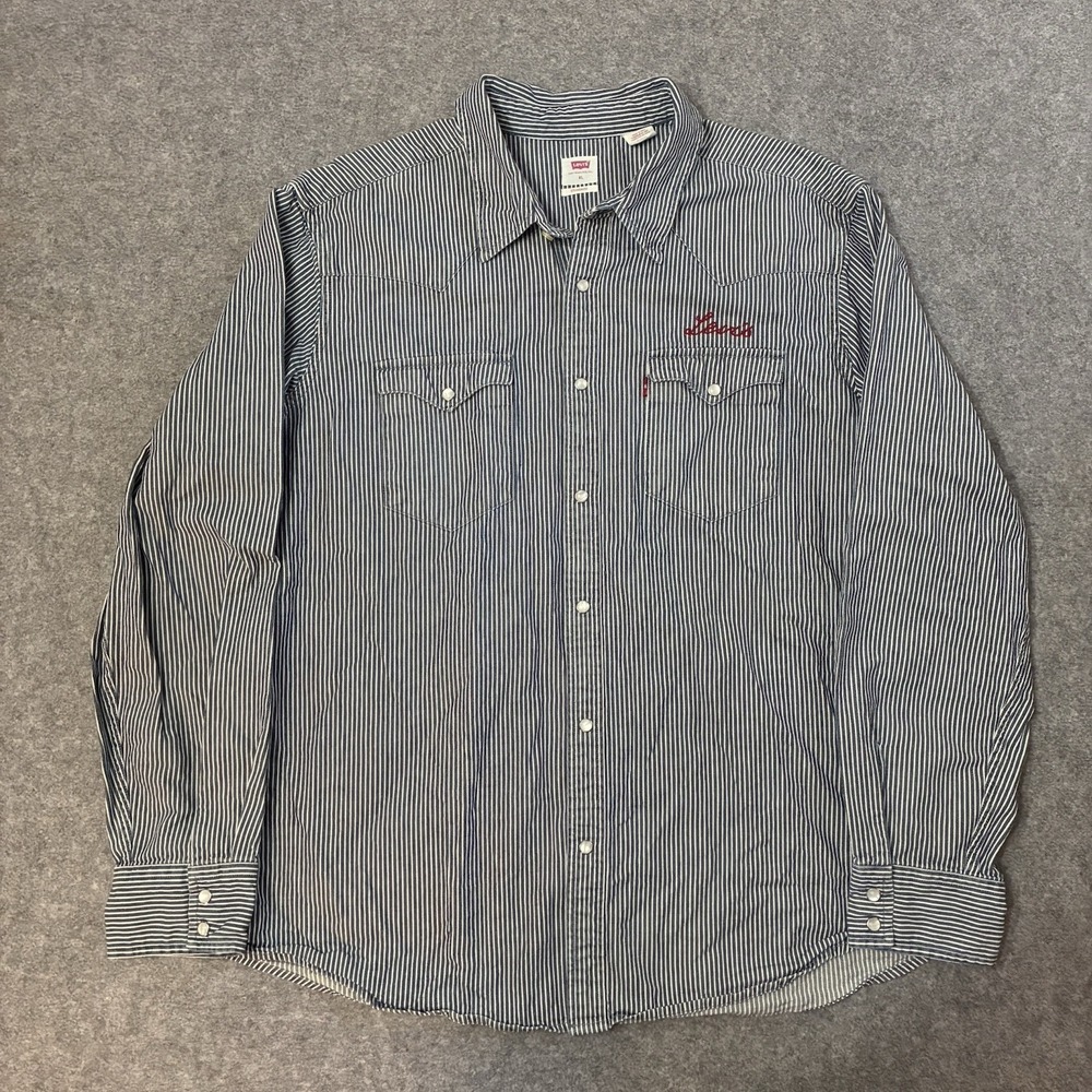 Levis Western Denim Shirt Mens XL Hickory Stripe Pearl Snap Long Sleeve Workwear